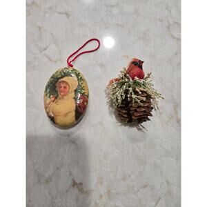2 Vintage Christmas Tree Ornaments Pinecones Cardinal  2 Sided Paper Macha Girl